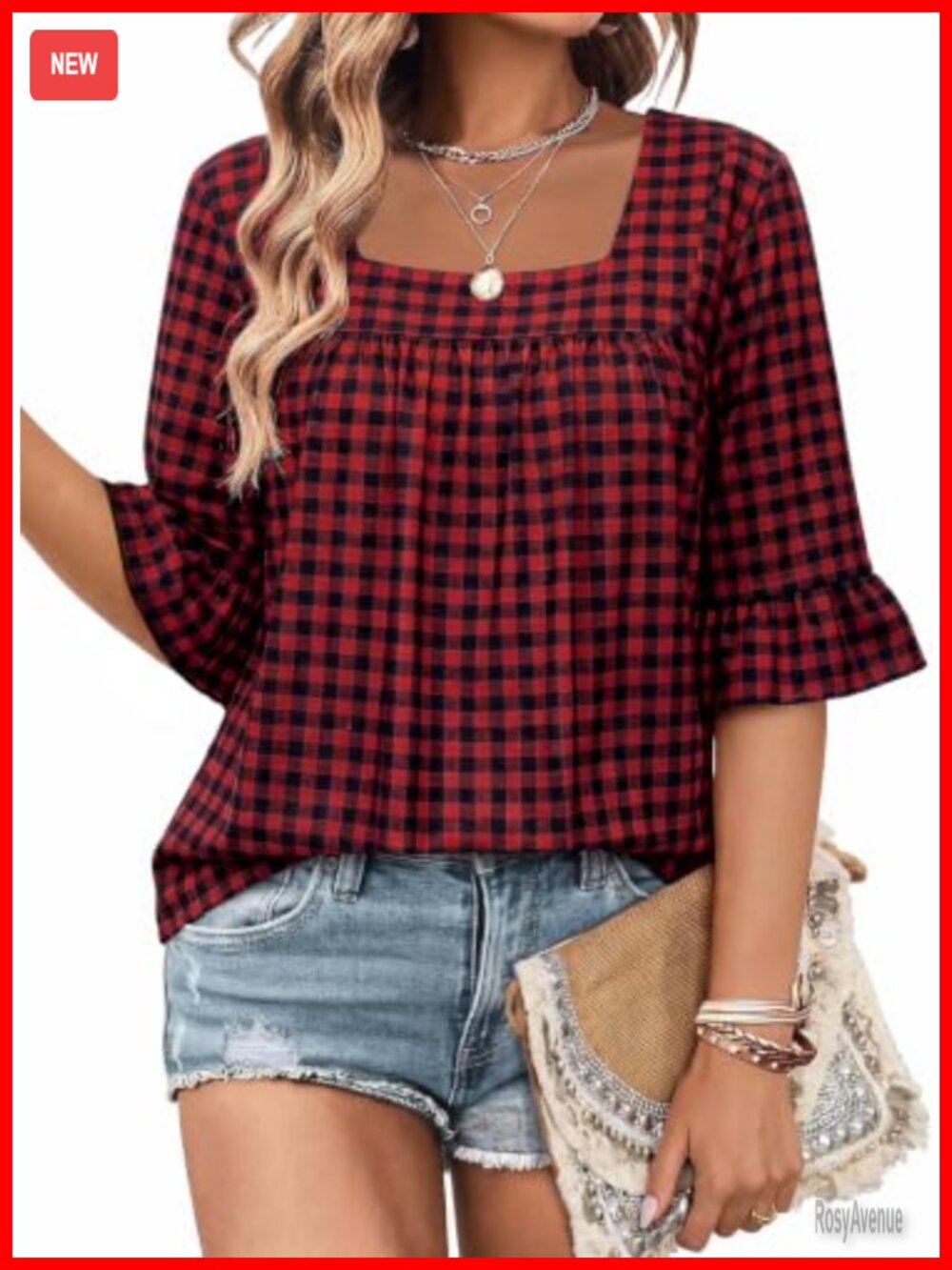 Womens 3/4 Ruffle Sleeve Square Neck Tunic Blouse Dressy Casual Top